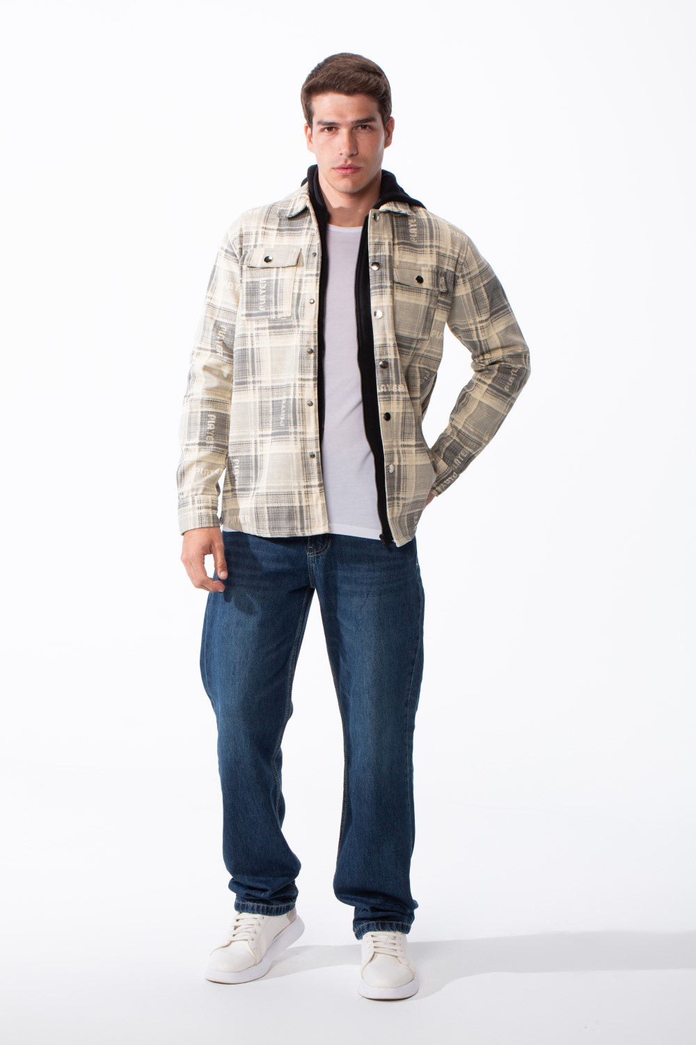 Men's Double-Layer Versatile Layered Design Built In Hooded Inner Long Sleeves Chest Pockets Plaid Print Regular Fit Shirt