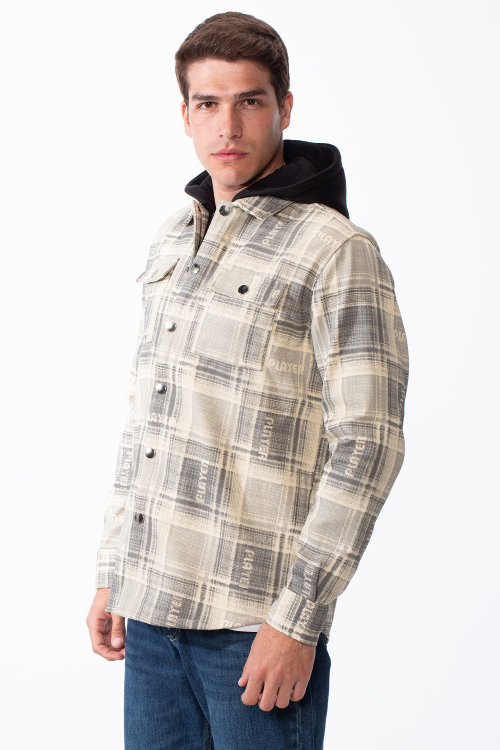 Men's Double-Layer Versatile Layered Design Built In Hooded Inner Long Sleeves Chest Pockets Plaid Print Regular Fit Shirt