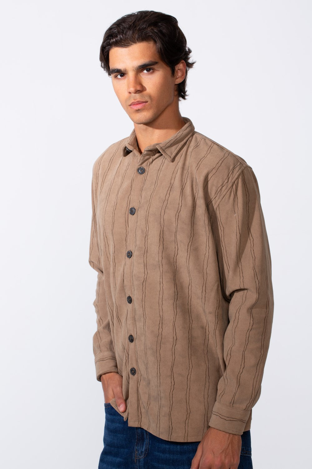 Men's slim fit long sleeve winter shirt in tan velvet with dark vertical stripes.
