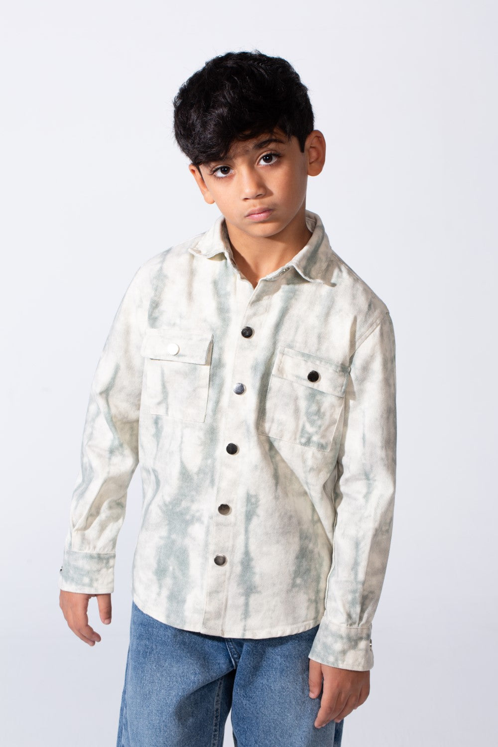 Boy’s Cloud Tie-Dye Print Jakar Gabardine Slim Fit Shirt With Front Pockets