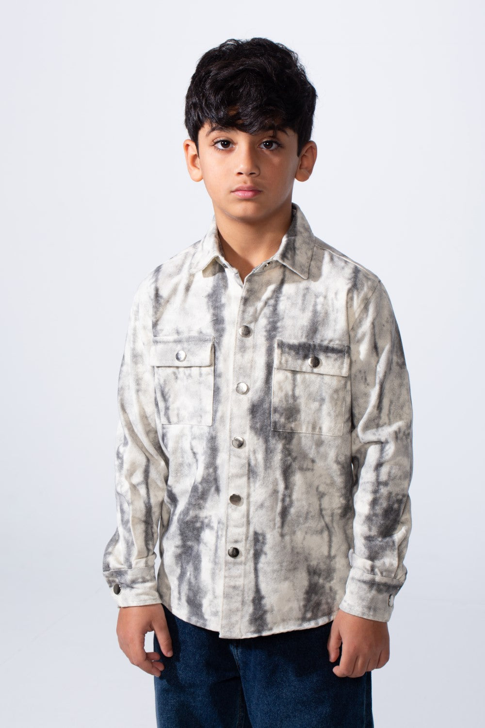Boy’s Cloud Tie-Dye Print Jakar Gabardine Slim Fit Shirt With Front Pockets
