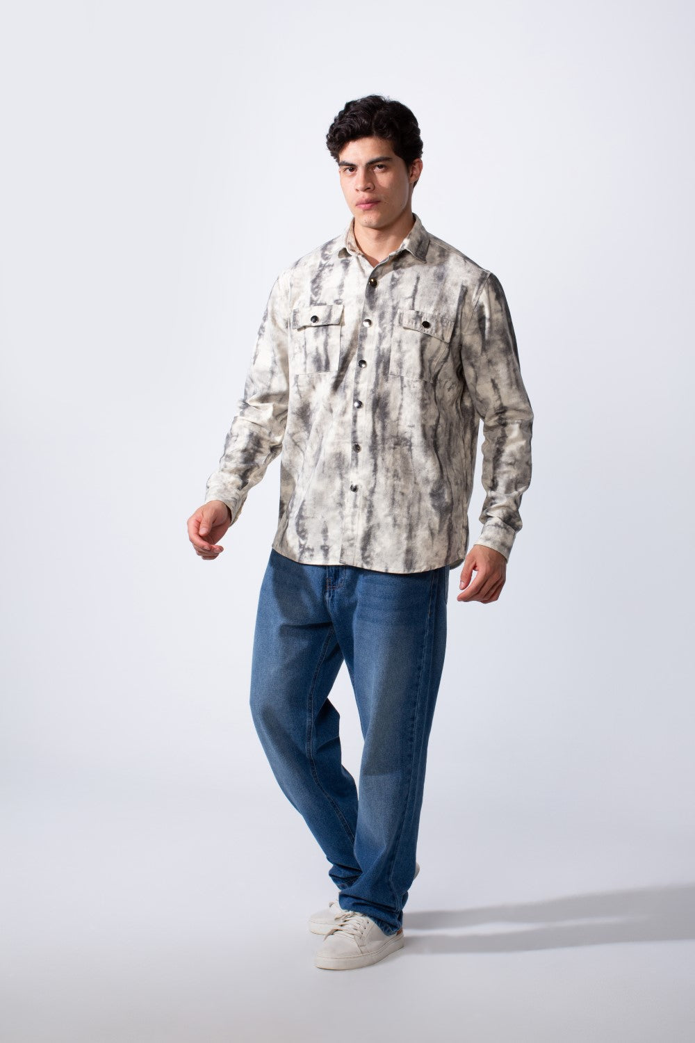 Men's Classic Neck With Washed Pattern Long Sleeve Front Chest Pocket Casual Jacket