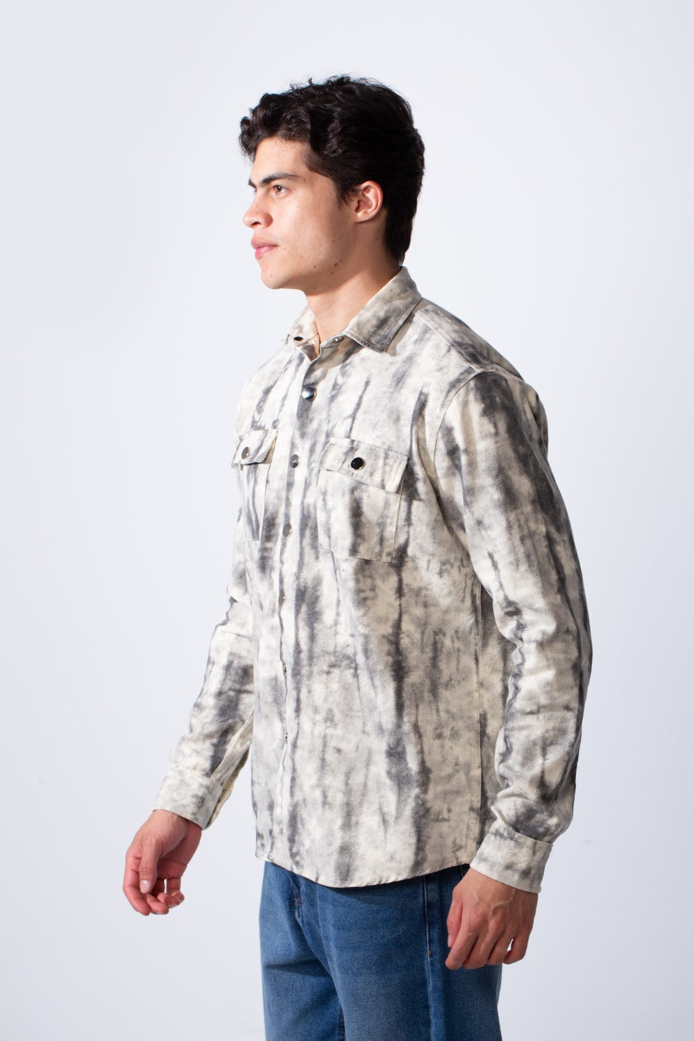 Men's Classic Neck With Washed Pattern Long Sleeve Front Chest Pocket Casual Jacket