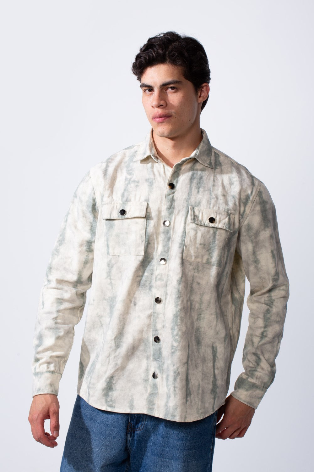 Men's Classic Neck With Washed Pattern Long Sleeve Front Chest Pocket Casual Jacket