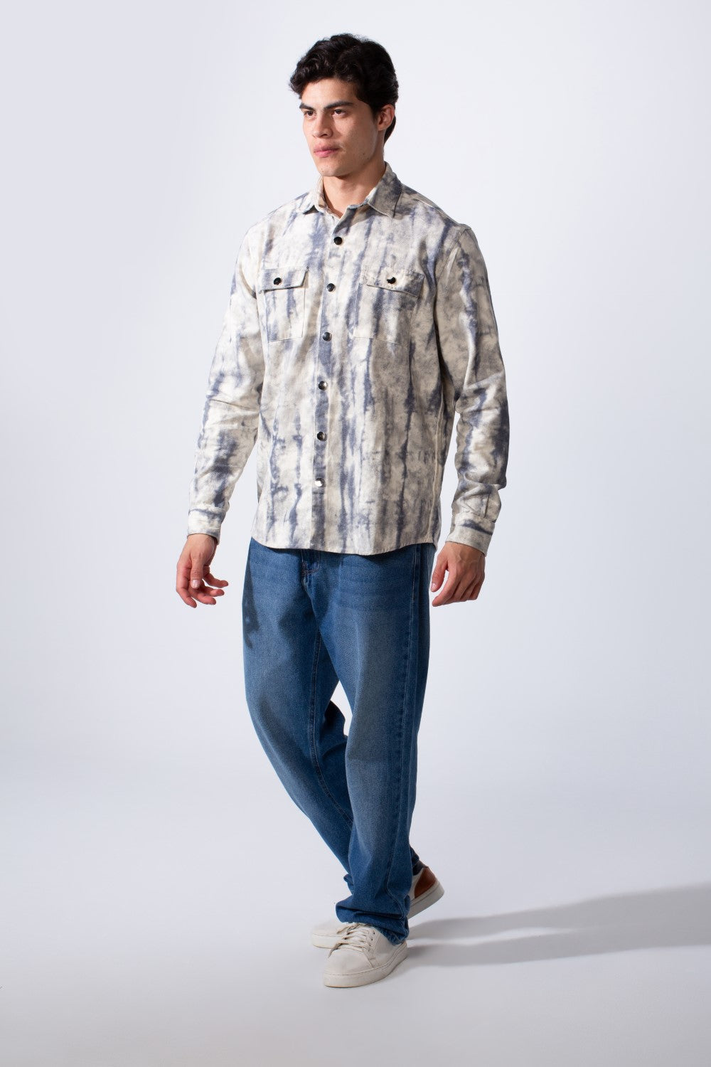 Men's Classic Neck With Washed Pattern Long Sleeve Front Chest Pocket Casual Jacket