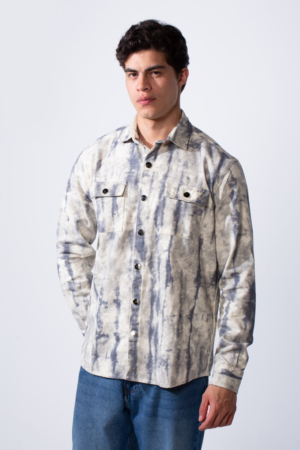 Men's Classic Neck With Washed Pattern Long Sleeve Front Chest Pocket Casual Jacket