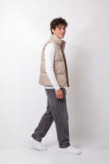 Men's Tomato Store Slim Fit Puffer Vest Sleeveless High Neck Snap Zip Front Ribbed Trim Chest Badge Detail
