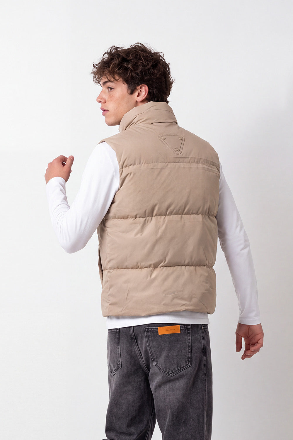 Men's Tomato Store Slim Fit Puffer Vest Sleeveless High Neck Snap Zip Front Ribbed Trim Chest Badge Detail