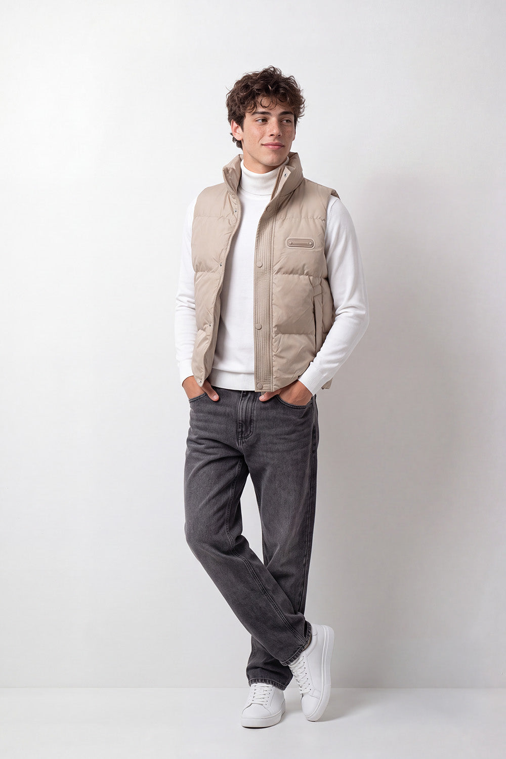 Men's Tomato Store Slim Fit Puffer Vest Sleeveless High Neck Snap Zip Front Ribbed Trim Chest Badge Detail