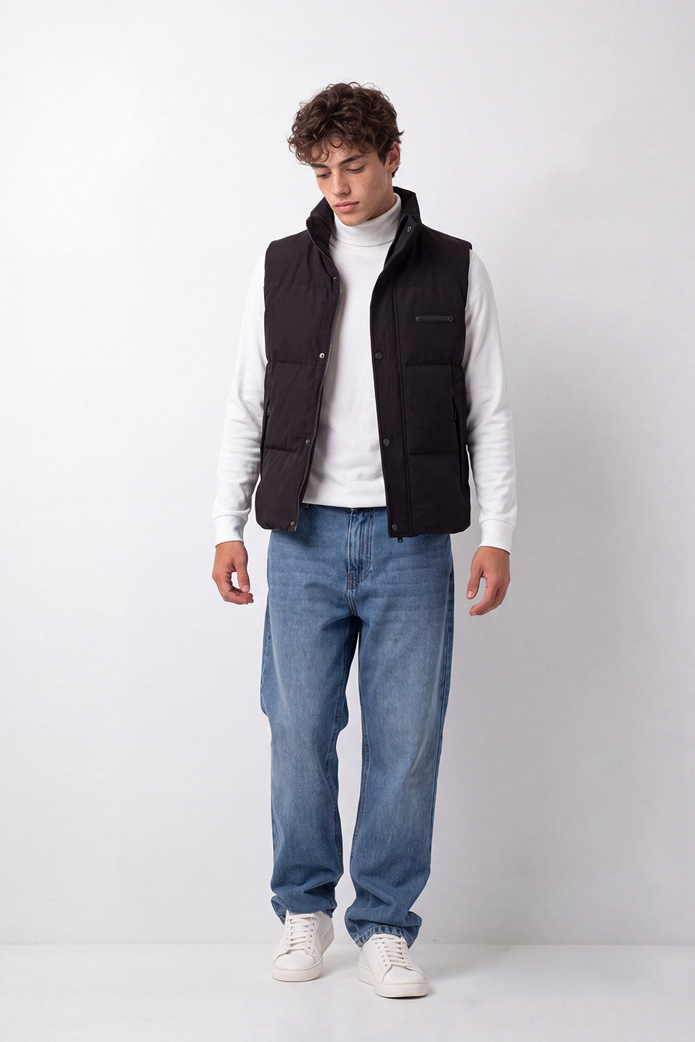Men's Tomato Store Slim Fit Puffer Vest Sleeveless High Neck Snap Zip Front Ribbed Trim Chest Badge Detail