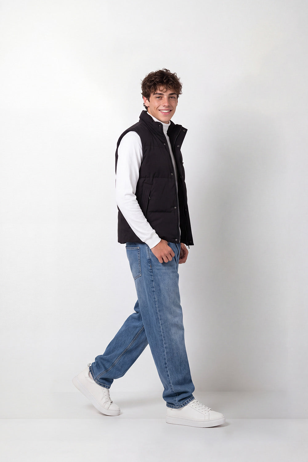 Men's Tomato Store Slim Fit Puffer Vest Sleeveless High Neck Snap Zip Front Ribbed Trim Chest Badge Detail