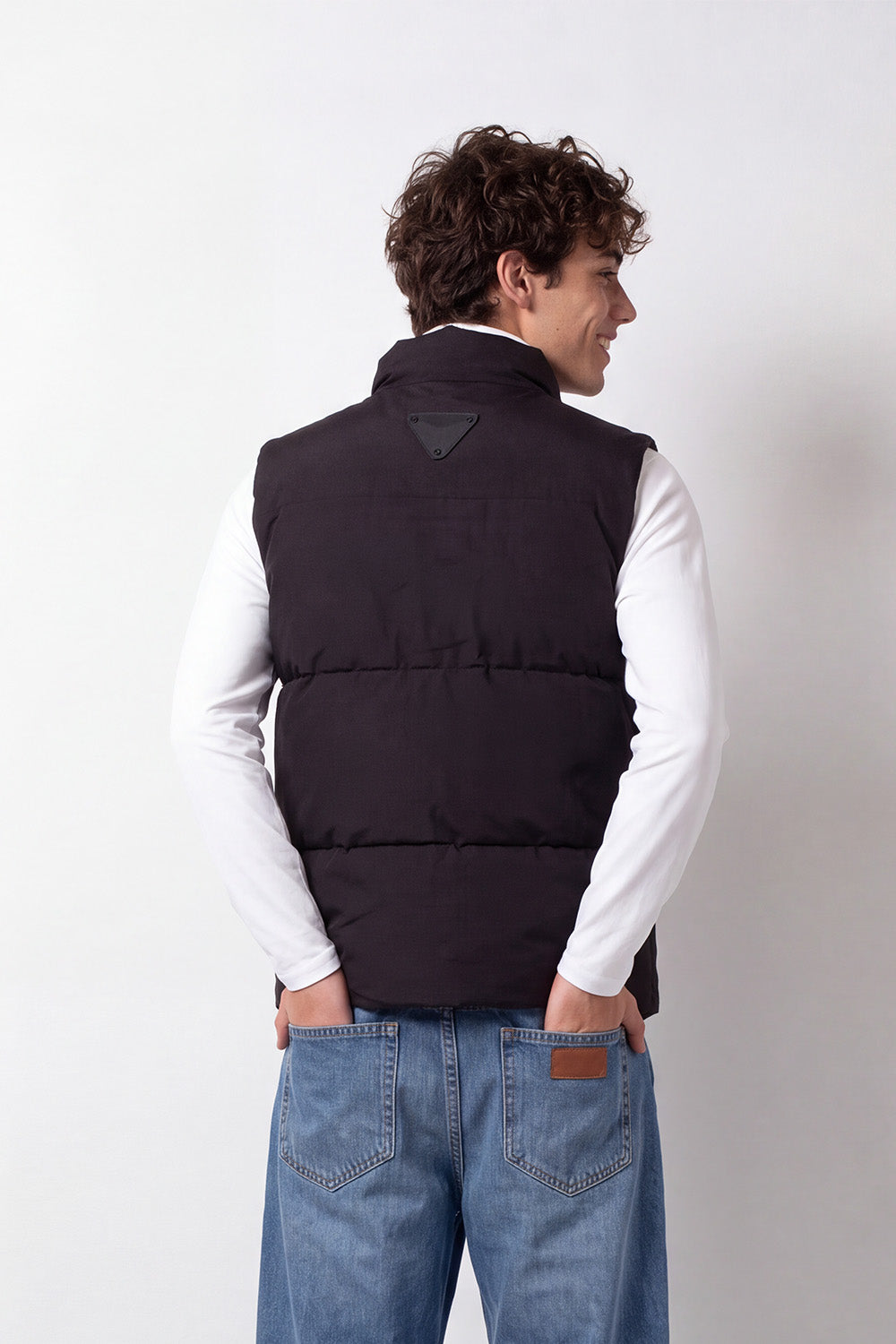 Men's Tomato Store Slim Fit Puffer Vest Sleeveless High Neck Snap Zip Front Ribbed Trim Chest Badge Detail
