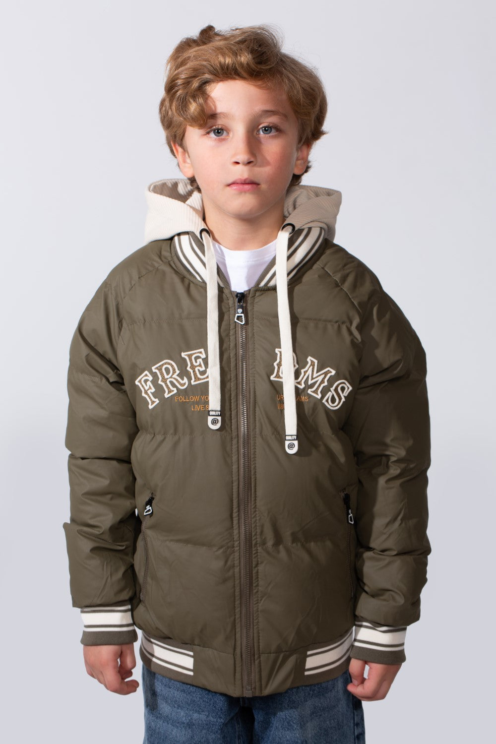 Boy's Long Sleeve Baseball Style Collar Chest Printed With Side Pockets Hooded Puffer Waterproof Thermal Jacket