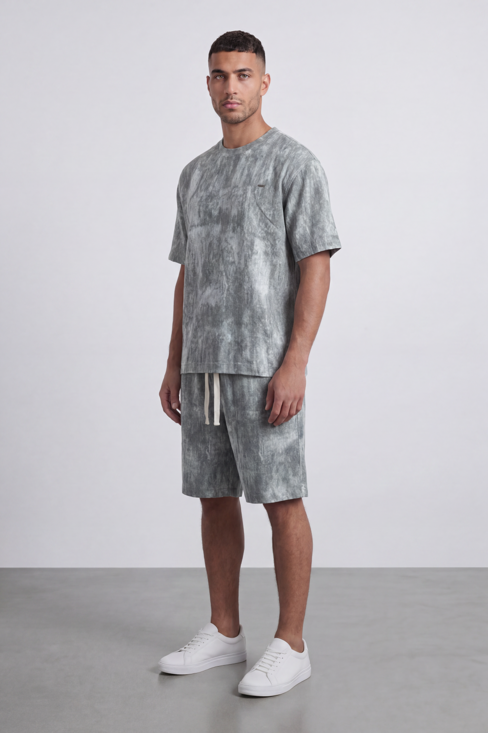 Men’s Tomato Store Mineral Drift Co-Ord Set With Allover Washed Cloud Texture Small Chest Label Detail Outfit