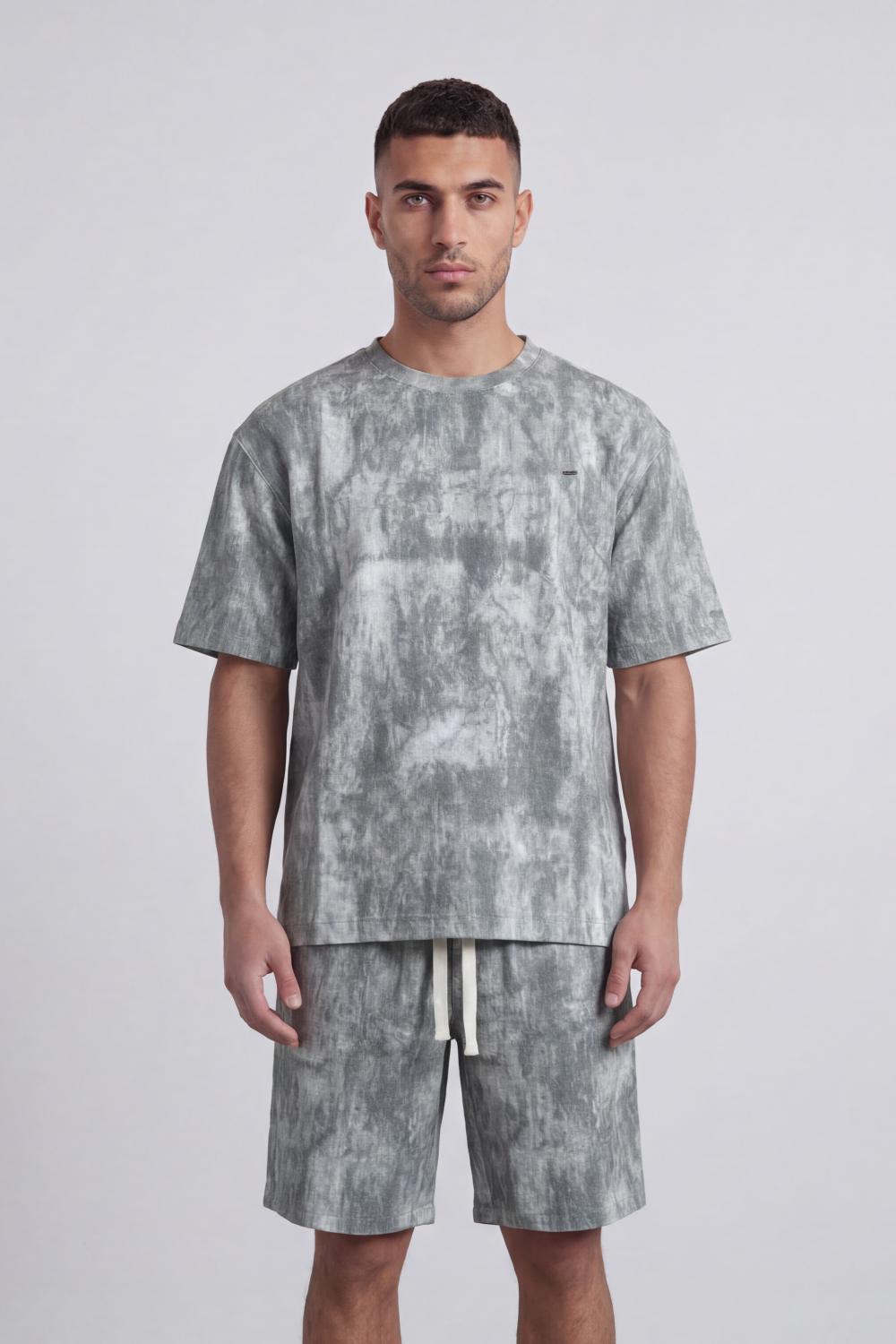Men’s Tomato Store Mineral Drift Co-Ord Set With Allover Washed Cloud Texture Small Chest Label Detail Outfit