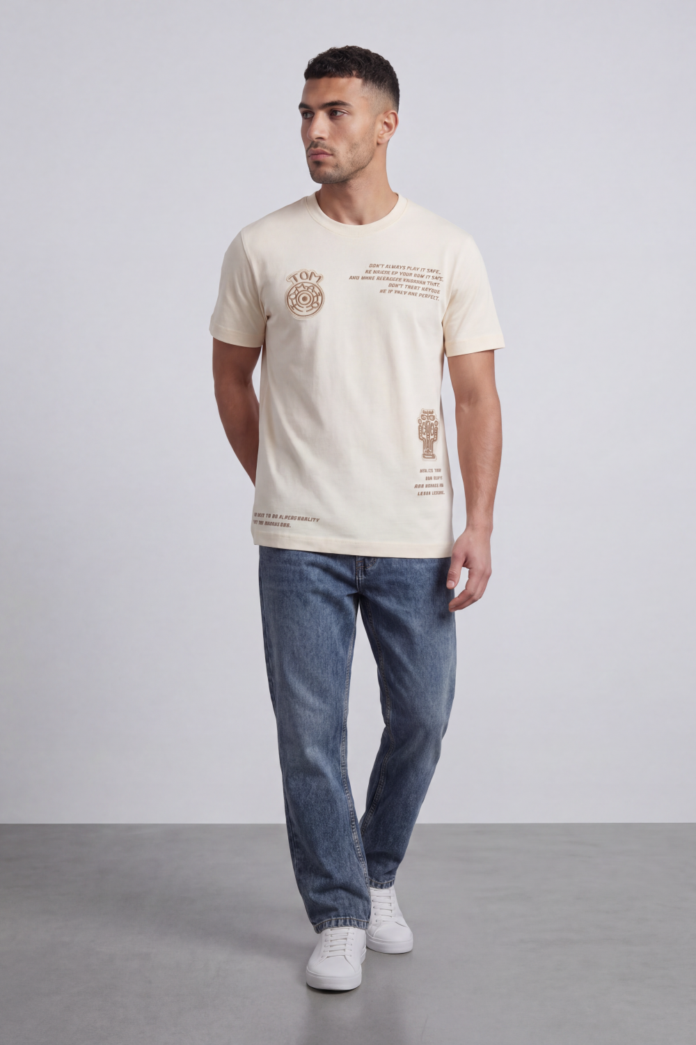 Men’s Tomato Store Safe Play Regular Fit T-Shirt Multi Placement Front Graphics Mixing Target Emblem Quote Text Vertical Symbol