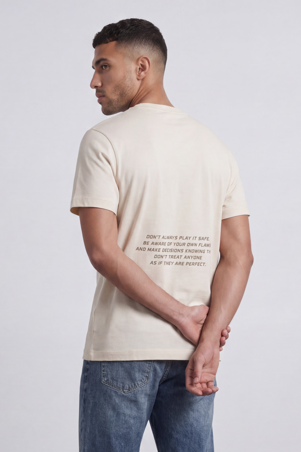Men’s Tomato Store Safe Play Regular Fit T-Shirt Multi Placement Front Graphics Mixing Target Emblem Quote Text Vertical Symbol