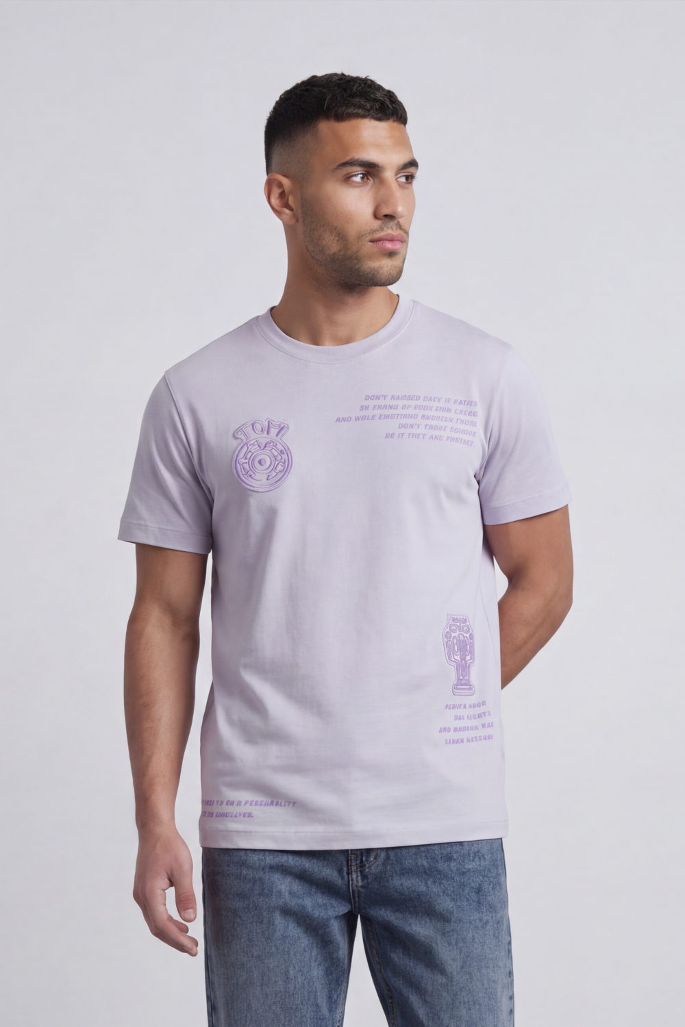 Men’s Tomato Store Safe Play Regular Fit T-Shirt Multi Placement Front Graphics Mixing Target Emblem Quote Text Vertical Symbol