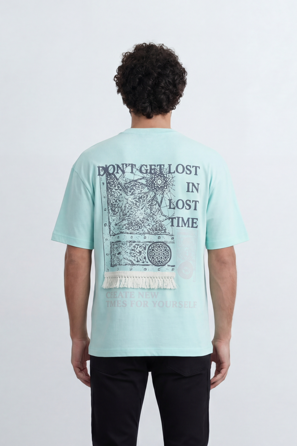 Men’s Tomato Store Lost Time T-Shirt With Small Chest Artwork Large Back Map Print Distressed Typography Oversize