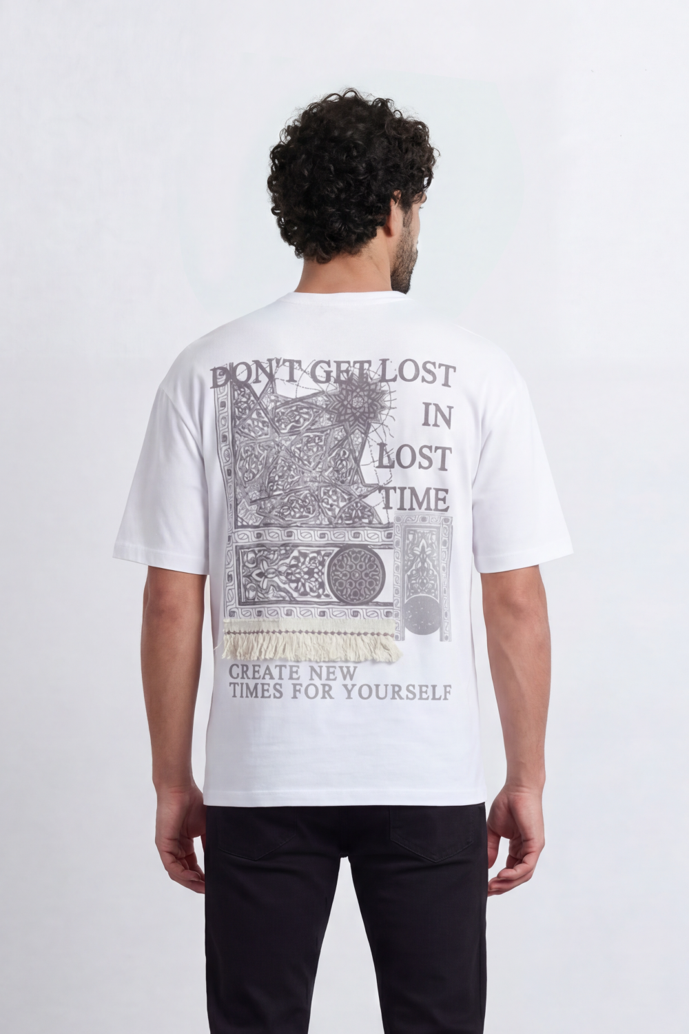 Men’s Tomato Store Lost Time T-Shirt With Small Chest Artwork Large Back Map Print Distressed Typography Oversize