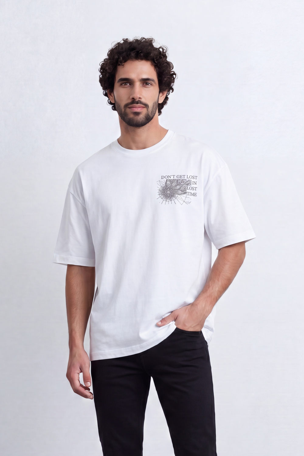 Men’s Tomato Store Lost Time T-Shirt With Small Chest Artwork Large Back Map Print Distressed Typography Oversize