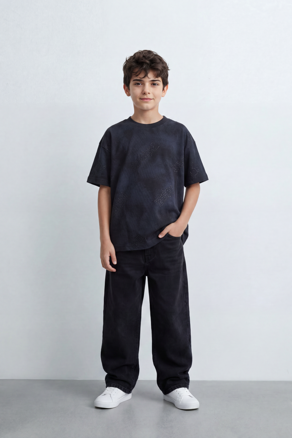 Boy's Tomato Store Dust Crest T-Shirt Cloud Wash Texture Blended With Tonal Raised Emblem Artwork Oversized