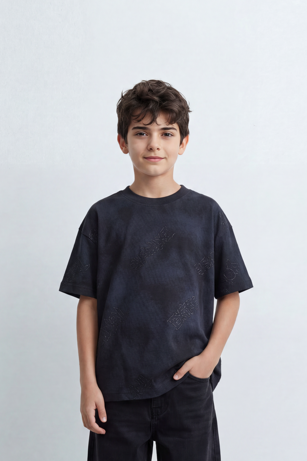 Boy's Tomato Store Dust Crest T-Shirt Cloud Wash Texture Blended With Tonal Raised Emblem Artwork Oversized