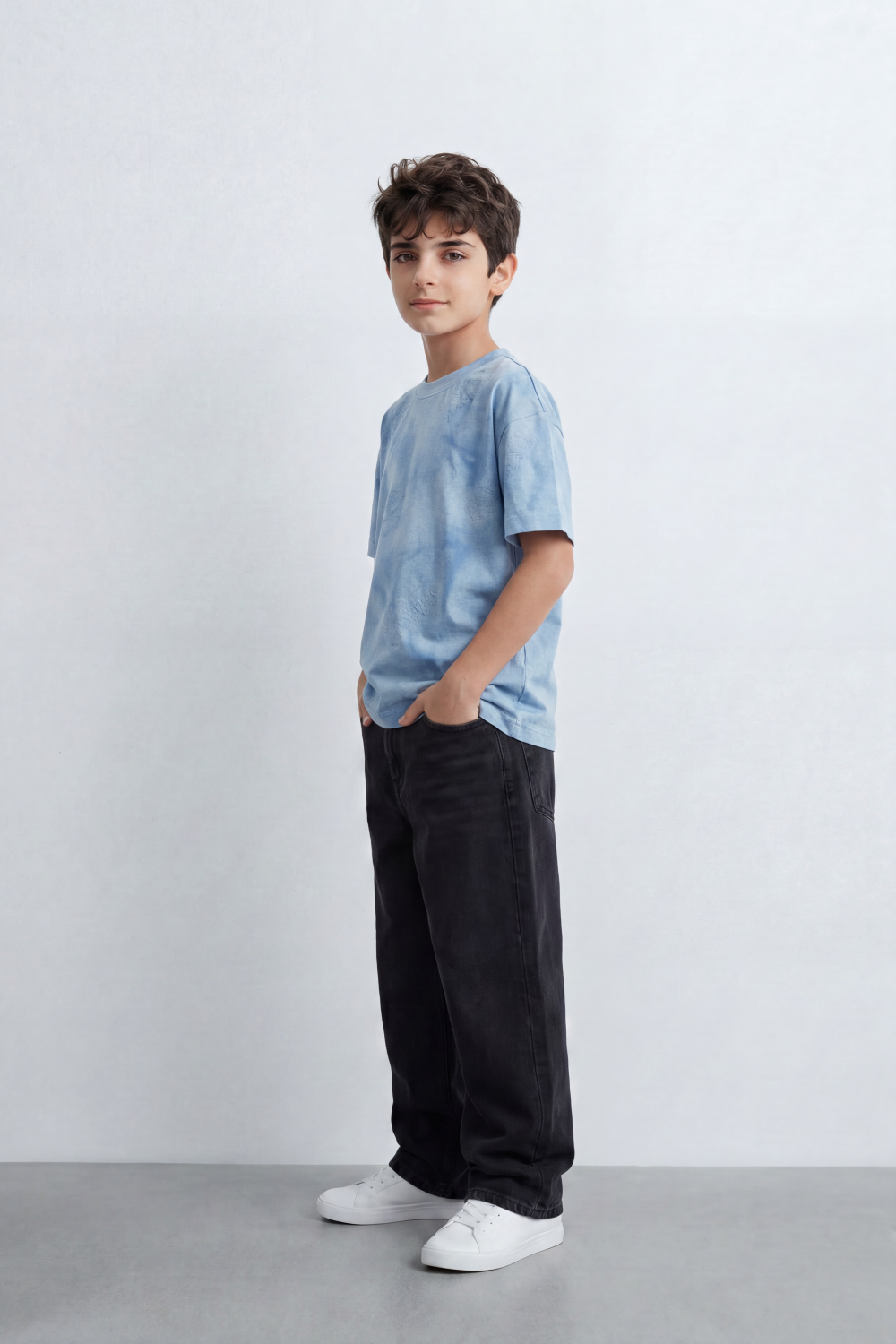 Boy's Tomato Store Dust Crest T-Shirt Cloud Wash Texture Blended With Tonal Raised Emblem Artwork Oversized