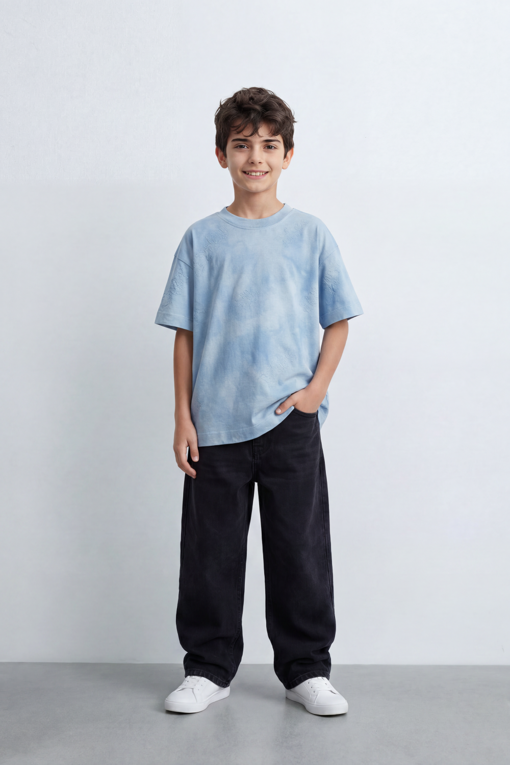 Boy's Tomato Store Dust Crest T-Shirt Cloud Wash Texture Blended With Tonal Raised Emblem Artwork Oversized