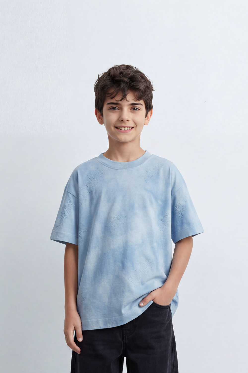 Boy's Tomato Store Dust Crest T-Shirt Cloud Wash Texture Blended With Tonal Raised Emblem Artwork Oversized
