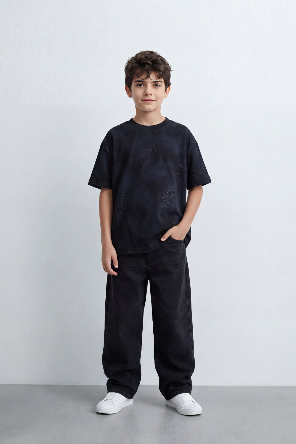 Boy's Tomato Store Dust Crest T-Shirt Cloud Wash Texture Blended With Tonal Raised Emblem Artwork Oversized