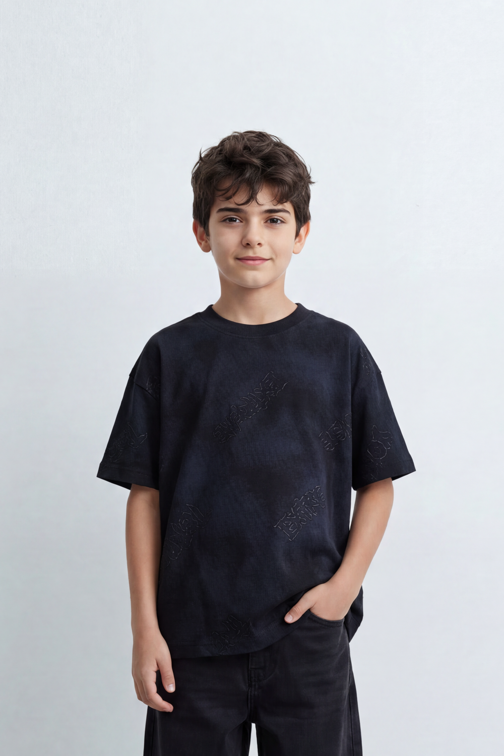 Boy's Tomato Store Dust Crest T-Shirt Cloud Wash Texture Blended With Tonal Raised Emblem Artwork Oversized