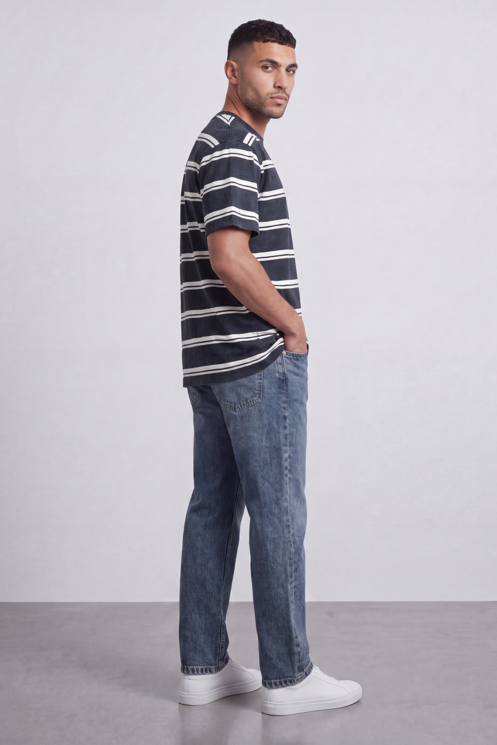 Men’s Tomato Store Atlantic Stripe Relaxed T-Shirt Washed Horizontal Stripe Pattern Across The Body Faded Surface Texture Oversized