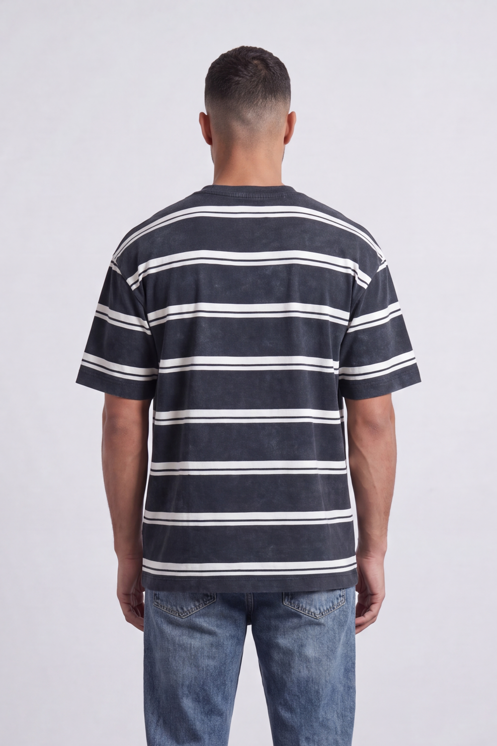 Men’s Tomato Store Atlantic Stripe Relaxed T-Shirt Washed Horizontal Stripe Pattern Across The Body Faded Surface Texture Oversized