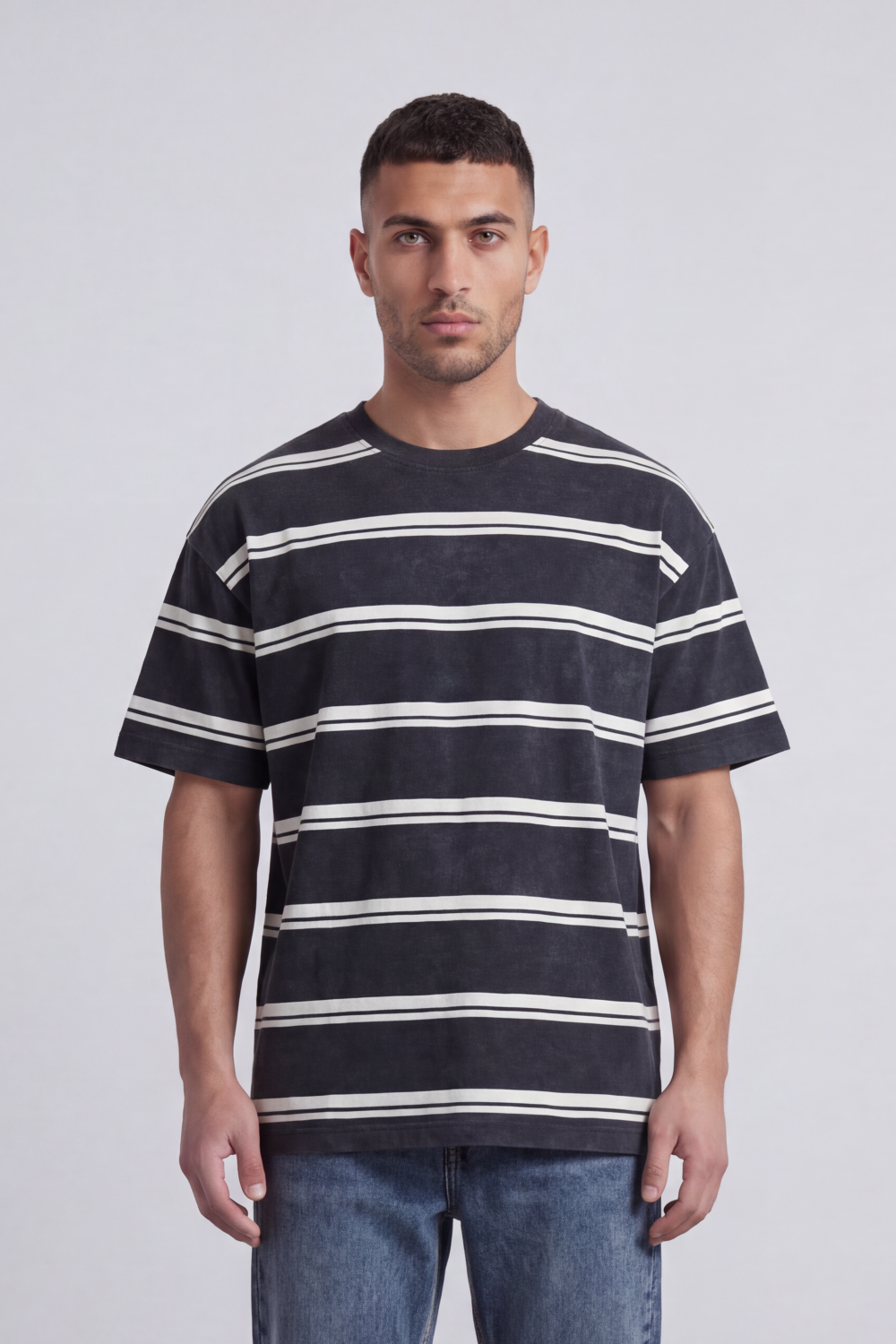 Men’s Tomato Store Atlantic Stripe Relaxed T-Shirt Washed Horizontal Stripe Pattern Across The Body Faded Surface Texture Oversized