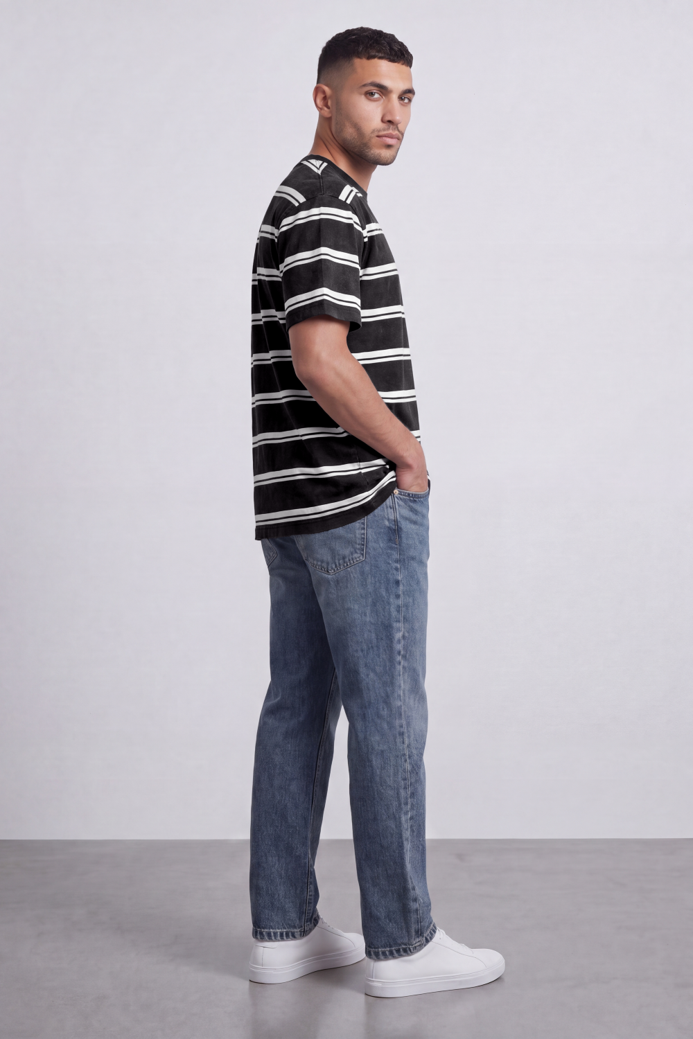 Men’s Tomato Store Atlantic Stripe Relaxed T-Shirt Washed Horizontal Stripe Pattern Across The Body Faded Surface Texture Oversized