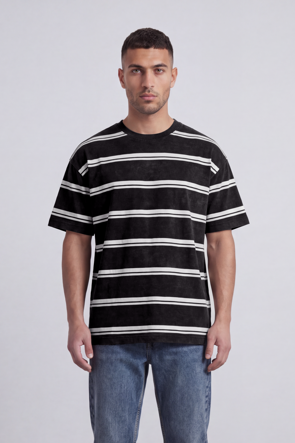 Men’s Tomato Store Atlantic Stripe Relaxed T-Shirt Washed Horizontal Stripe Pattern Across The Body Faded Surface Texture Oversized