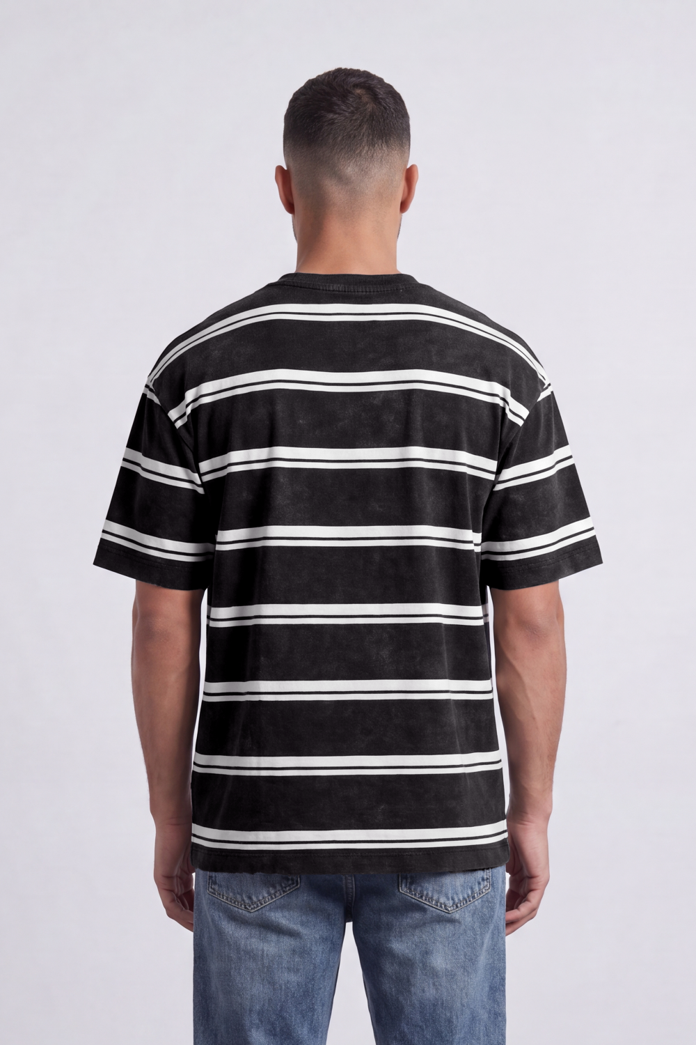 Men’s Tomato Store Atlantic Stripe Relaxed T-Shirt Washed Horizontal Stripe Pattern Across The Body Faded Surface Texture Oversized