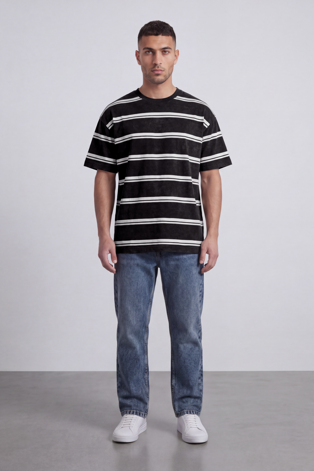 Men’s Tomato Store Atlantic Stripe Relaxed T-Shirt Washed Horizontal Stripe Pattern Across The Body Faded Surface Texture Oversized