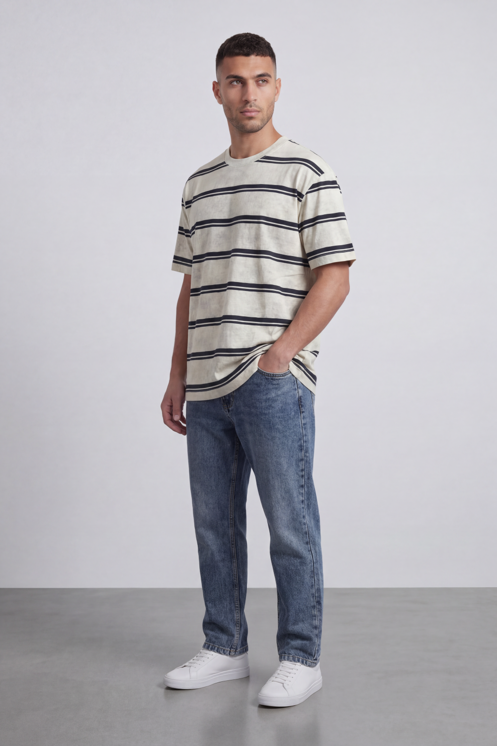 Men’s Tomato Store Atlantic Stripe Relaxed T-Shirt Washed Horizontal Stripe Pattern Across The Body Faded Surface Texture Oversized