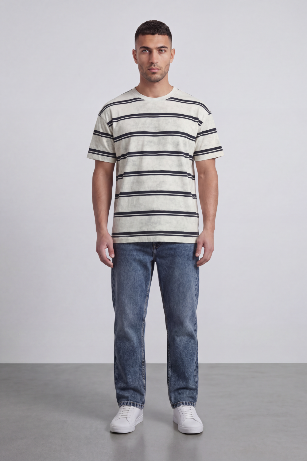 Men’s Tomato Store Atlantic Stripe Relaxed T-Shirt Washed Horizontal Stripe Pattern Across The Body Faded Surface Texture Oversized
