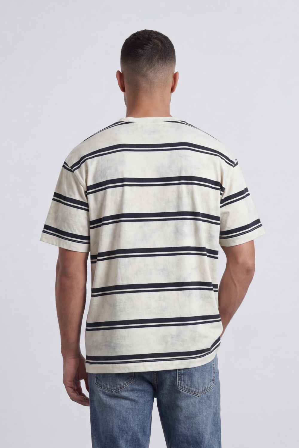 Men’s Tomato Store Atlantic Stripe Relaxed T-Shirt Washed Horizontal Stripe Pattern Across The Body Faded Surface Texture Oversized