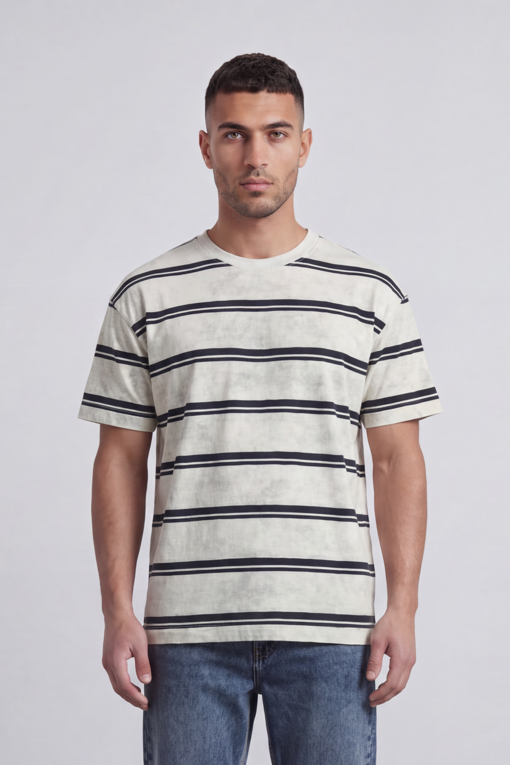 Men’s Tomato Store Atlantic Stripe Relaxed T-Shirt Washed Horizontal Stripe Pattern Across The Body Faded Surface Texture Oversized
