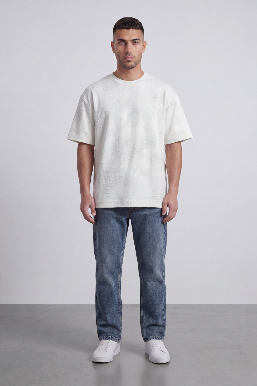 Men’s Tomato Store Trace Fade T-Shirt With Tonal Distressed Scratch Texture Allover Placement Soft Washed Surface Oversized