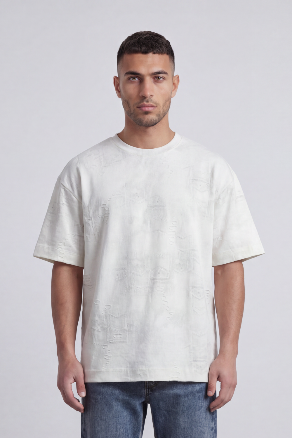 Men’s Tomato Store Trace Fade T-Shirt With Tonal Distressed Scratch Texture Allover Placement Soft Washed Surface Oversized