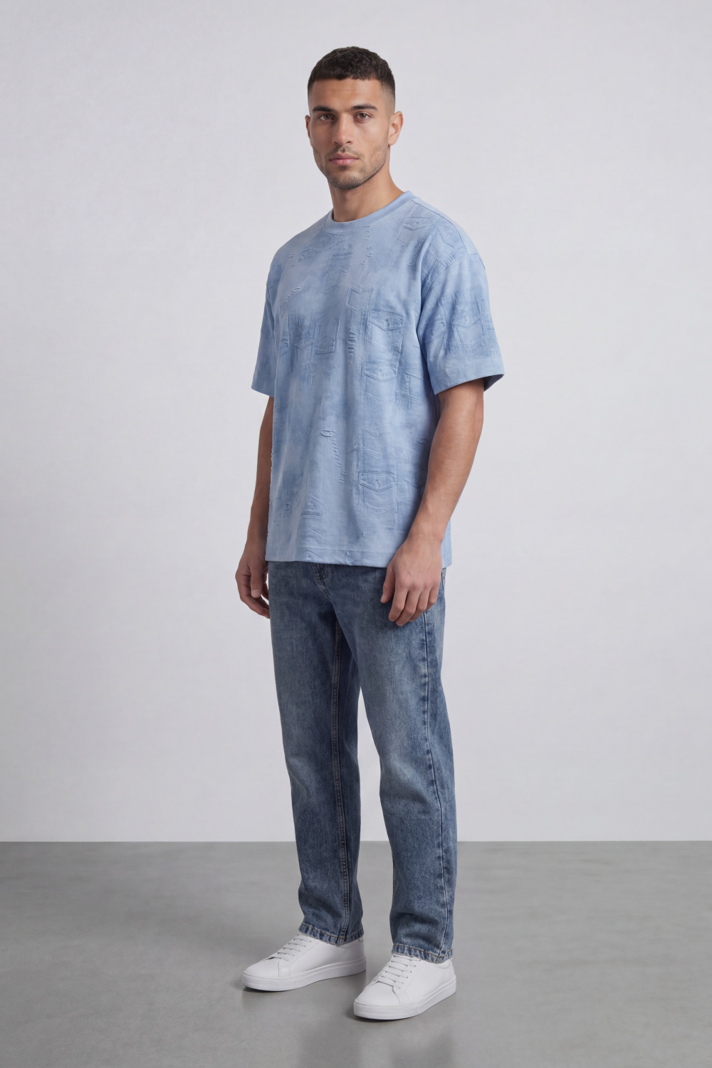 Men’s Tomato Store Trace Fade T-Shirt With Tonal Distressed Scratch Texture Allover Placement Soft Washed Surface Oversized