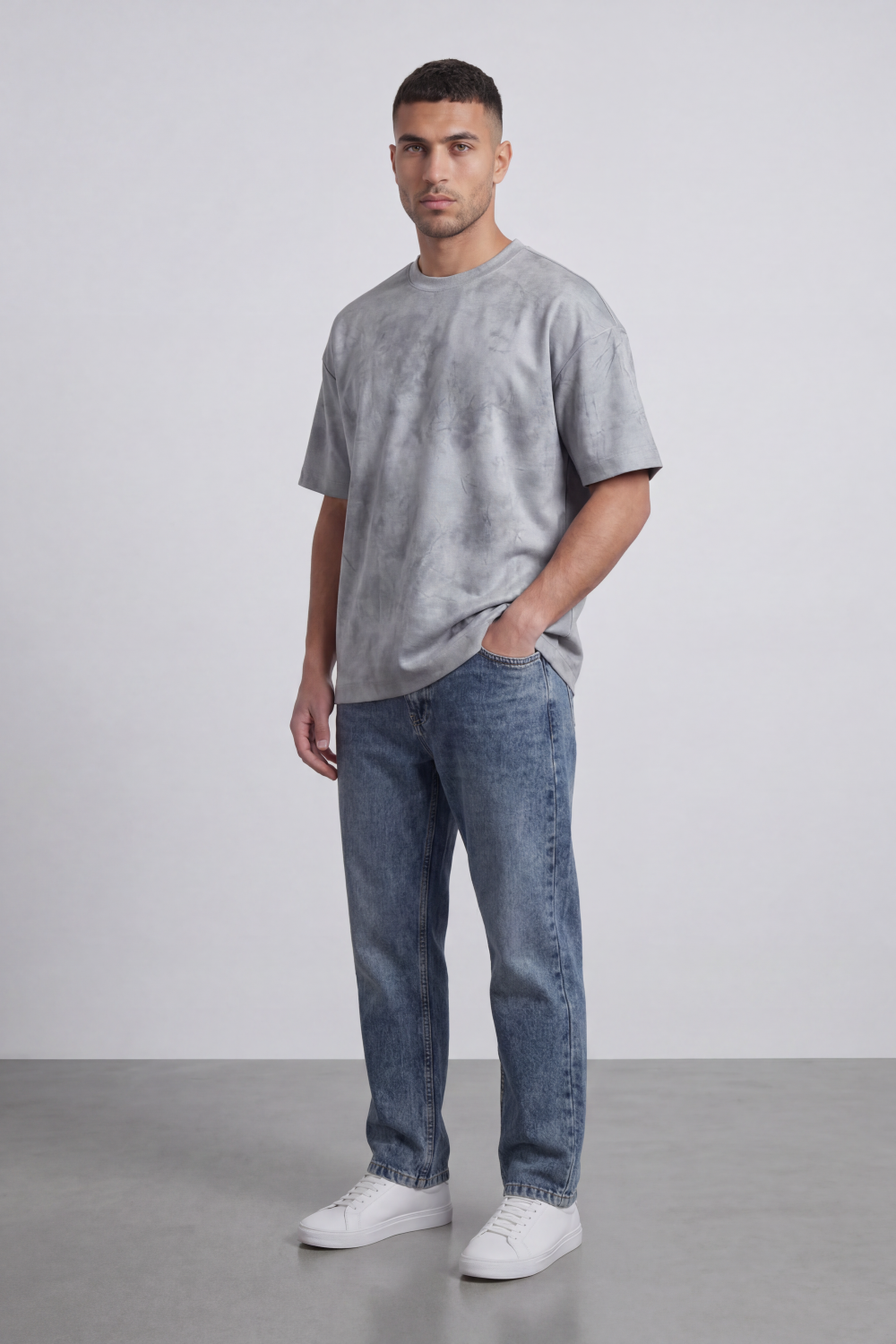 Men’s Tomato Store Sand Haze Oversized T-Shirt Mineral Cloud Wash Spreads Across The Body With Soft Smoky Texture Relaxed Fit