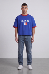 Men’s Tomato Store France Varsity Cropped Box Fit T-Shirt Arch France Typography And Flag Artwork Centered