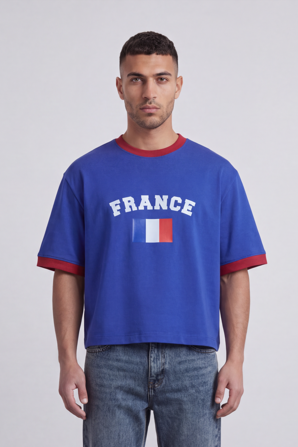 Men’s Tomato Store France Varsity Cropped Box Fit T-Shirt Arch France Typography And Flag Artwork Centered