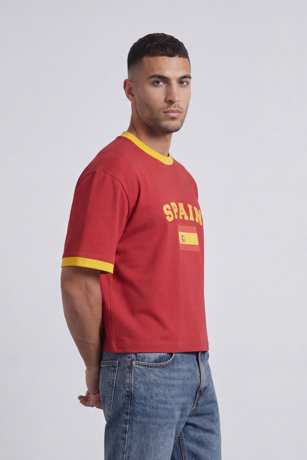 Men’s Tomato Store Spain Match Cropped Box Fit T-Shirt Varsity Spain Chest Typography With Flag